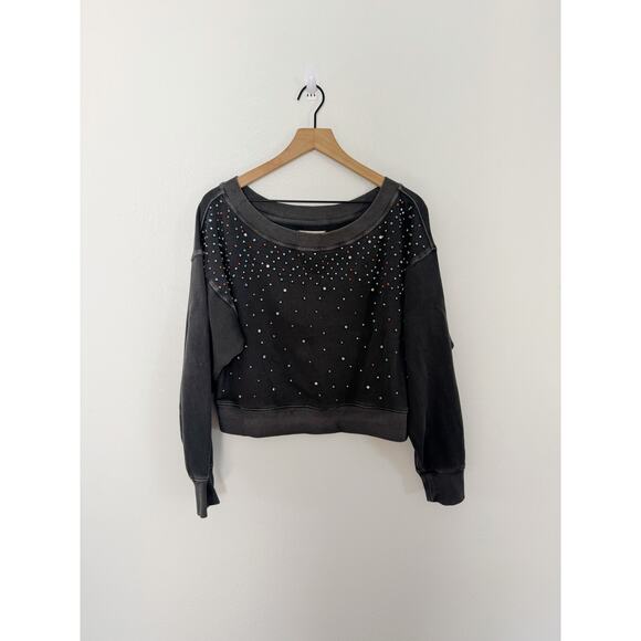 Free People Cool Ride Dark Gray Embellished Rhinestone Sweater Size Small - Picture 1 of 3